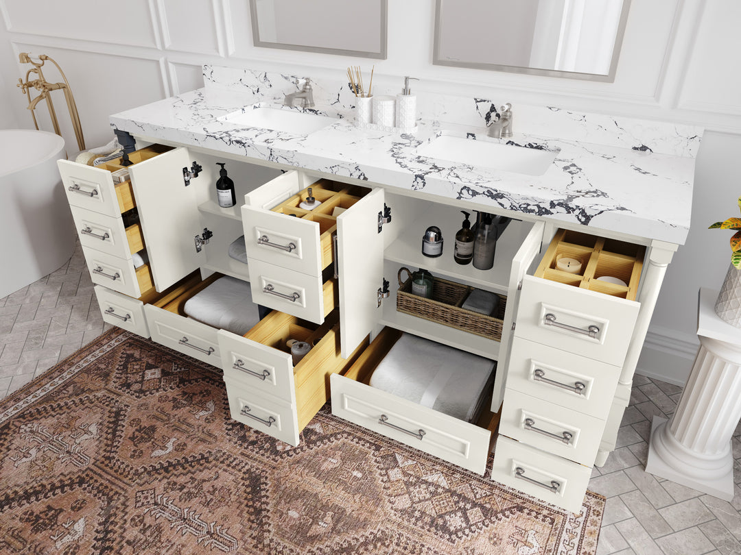 Aberdeen 80 in. W x 22 in. D Double Sink Bathroom Vanity in Alabaster with countertop - Side View Open Drawer