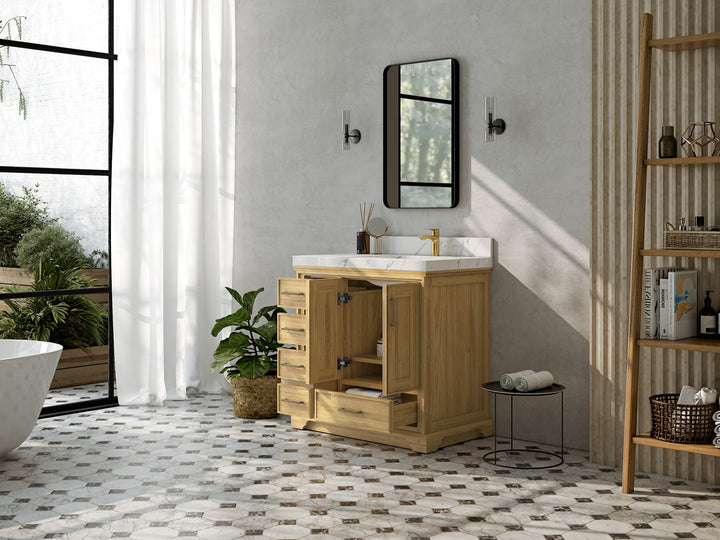 Charlotte 36 in. W x 22 in. D Right Offset Sink Bathroom Teak Wood Vanity - photo 3