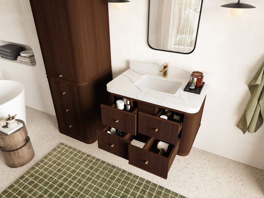 Hampton Floating Teak 36 in. W x 22 in. D Single Sink Bathroom Vanity with Countertop - Side View Open Drawer