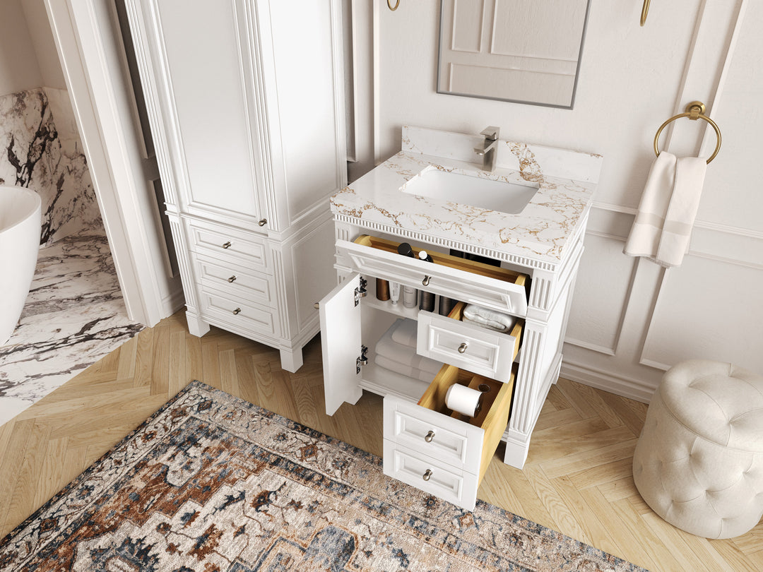 Paris 30 in. W x 22 in. D Single Sink Bathroom Vanity in White with Countertop - Side view Open drawer 