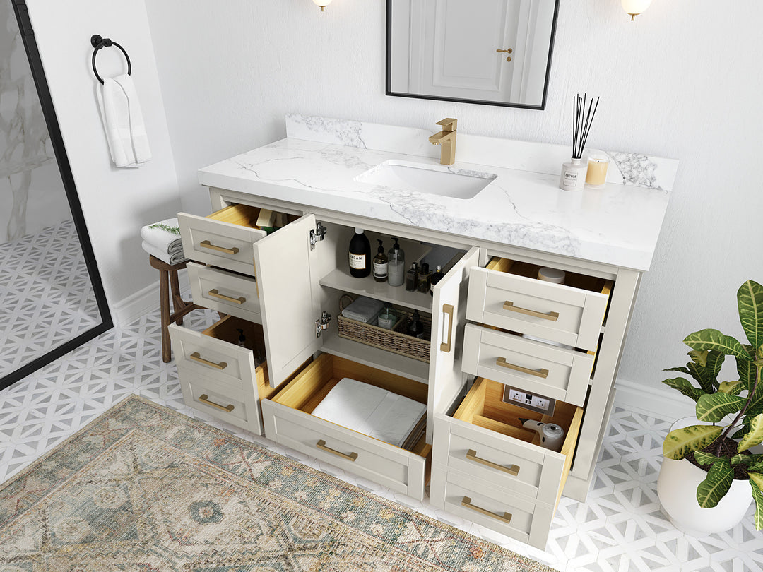 Boston 60 in. W x 22 in. D Single Sink Bathroom Vanity in Alabaster with Countertop - Side View Open Drawer