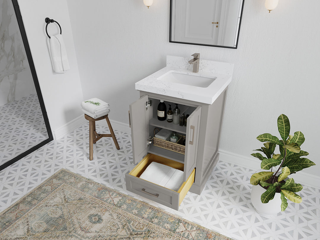 Boston 24 in. W x 22 in. D Single Sink Bathroom Vanity in Elephant Skin Gray with Countertop - Side View Open Drawer
