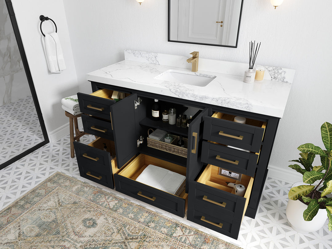 Boston 60 in. W x 22 in. D Single Sink Bathroom Vanity in Wrought Iron with Countertop - Side View Open Drawer
