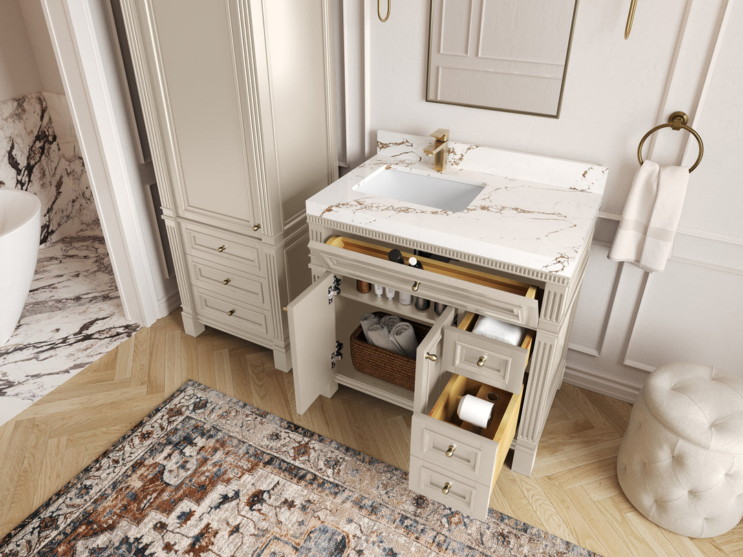 Paris 36 in. W x 22 in. D Right Offset Sink Bathroom Vanity in  Fine Grain  with Countertop - Side view Open drawer 