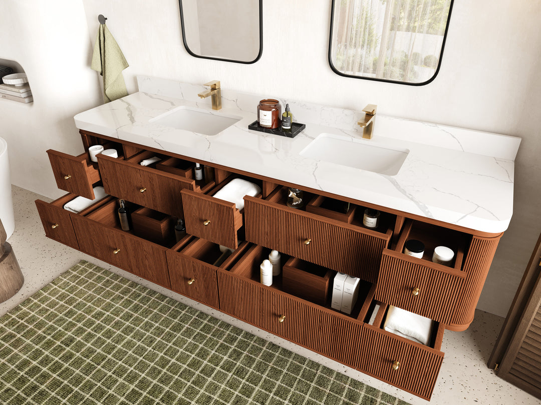 Hampton Floating Teak 84 in. W x 22 in. D Double Sink Bathroom Vanity (Dark Natural)