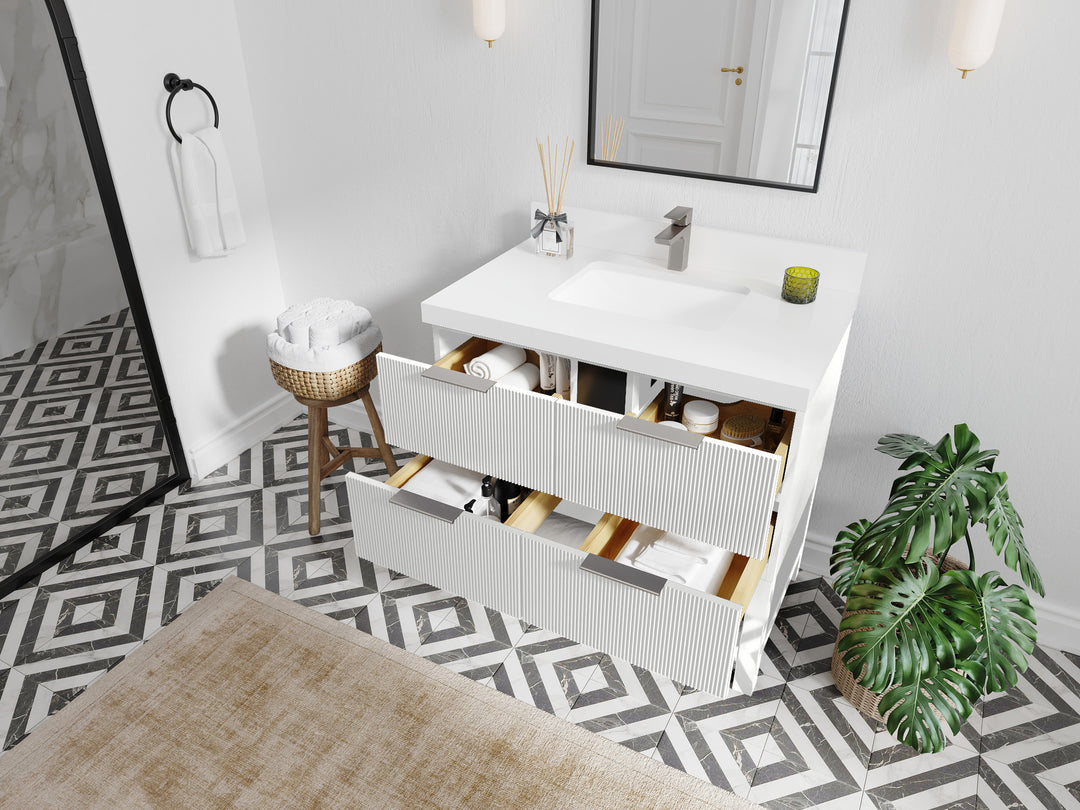 Catalina 36 in. W x 22 in. D Single Sink Bathroom Vanity in White with Countertop - Side View Open Drawer
