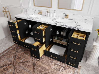 Aberdeen 80 in. W x 22 in. D Double Sink Bathroom Vanity in Black with countertop - Side View Open Drawer