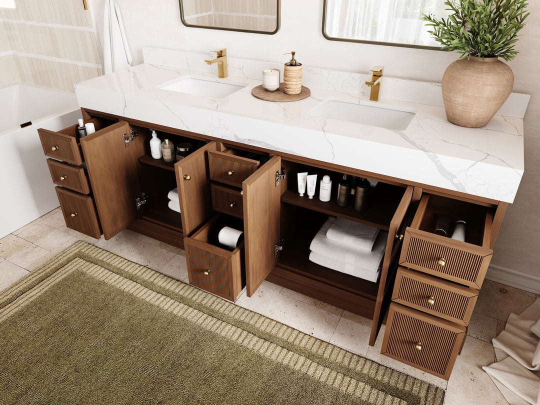 Manhattan Teak 84 in W x 22 in D Free Standing Reeded Double Sink Bathroom Vanity