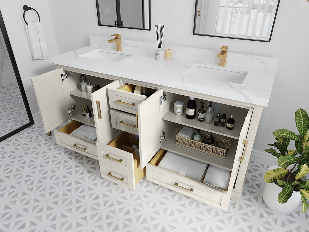 Boston 72 in. W x 22 in. D Double Sink Bathroom Vanity in Alabaster with Countertop - Side View Open Drawer