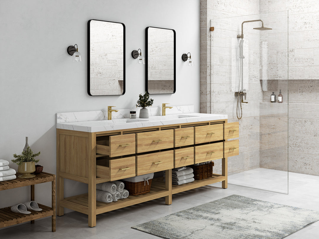Parker Teak 84 in. W x 22 in. D Double Sink Bathroom Vanity in  Light Natural  with Countertop - Side view Open drawer 
