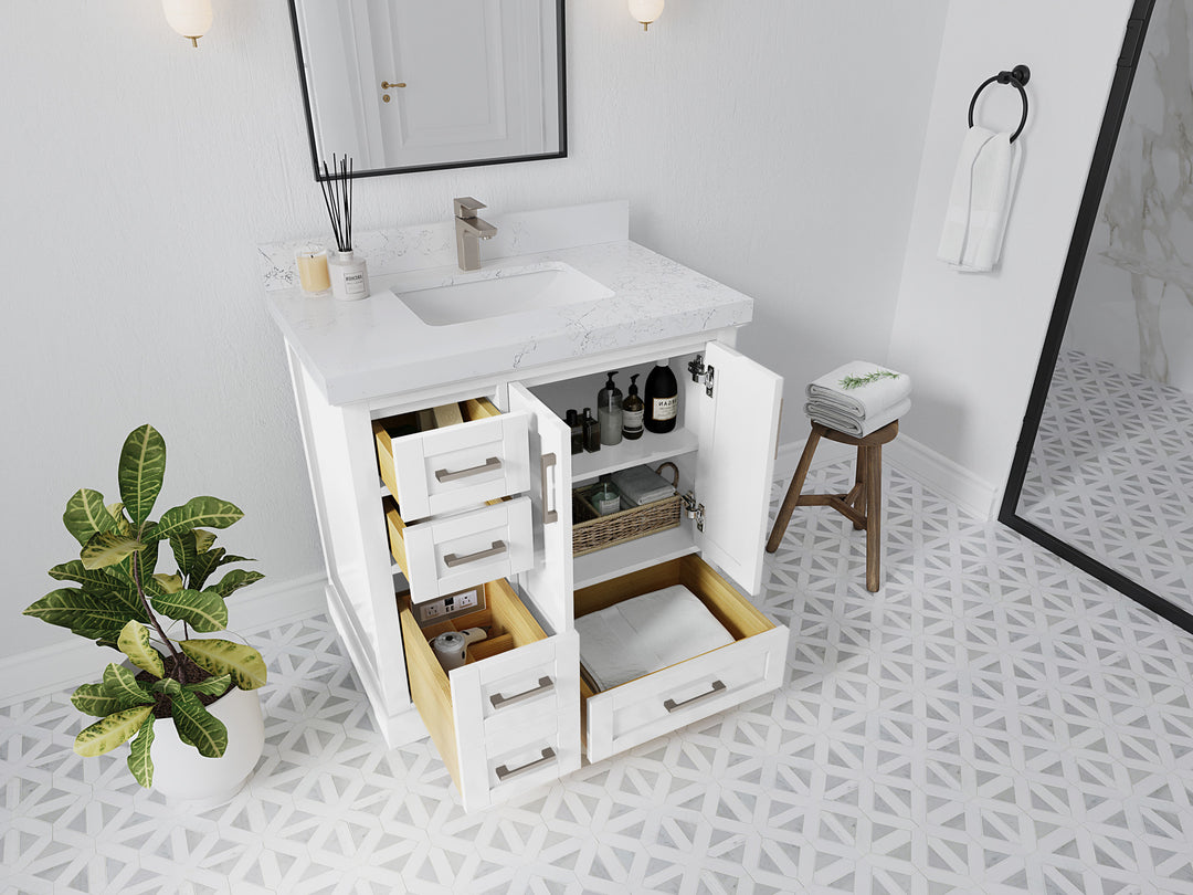 Boston 36 in. W x 22 in. D Single Sink Bathroom Vanity in White with Countertop - Side View Open Drawer