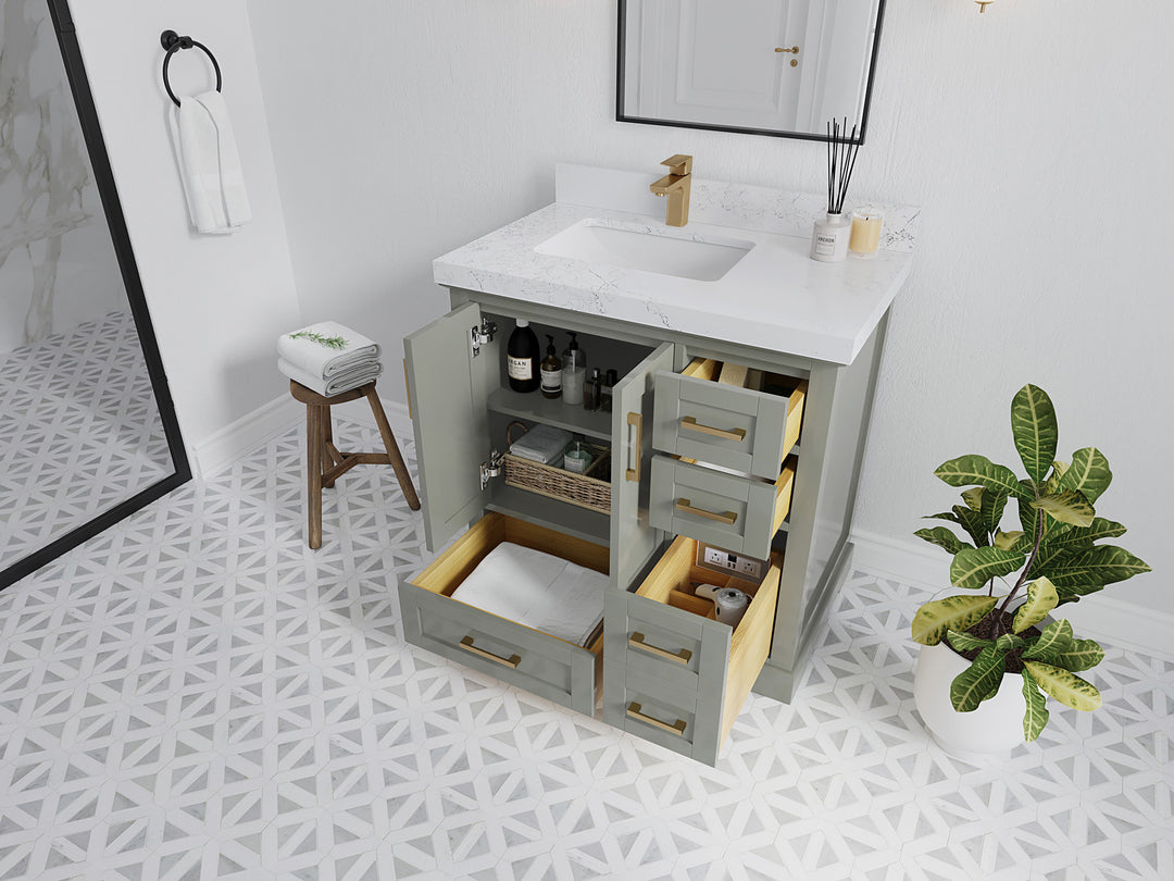 Boston 36 in. W x 22 in. D Single Sink Bathroom Vanity in Evergreen with Countertop - Side View Open Drawer