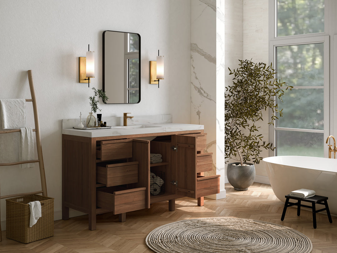 Elizabeth Teak 60 in. W x 22 in. D Single Sink Bathroom Vanity in Dark Natural with Countertop - Side View Open Drawer