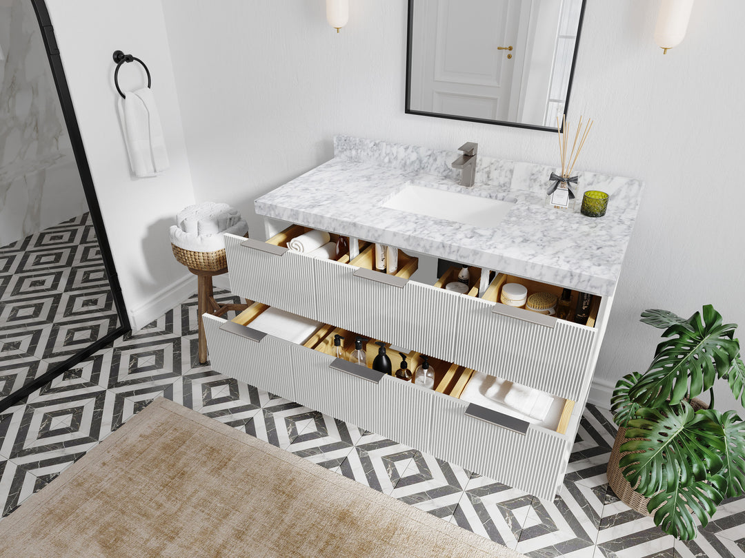 Catalina 48 in. W x 22 in. D Single Sink Bathroom Vanity in White with Countertop - Side View Open Drawer