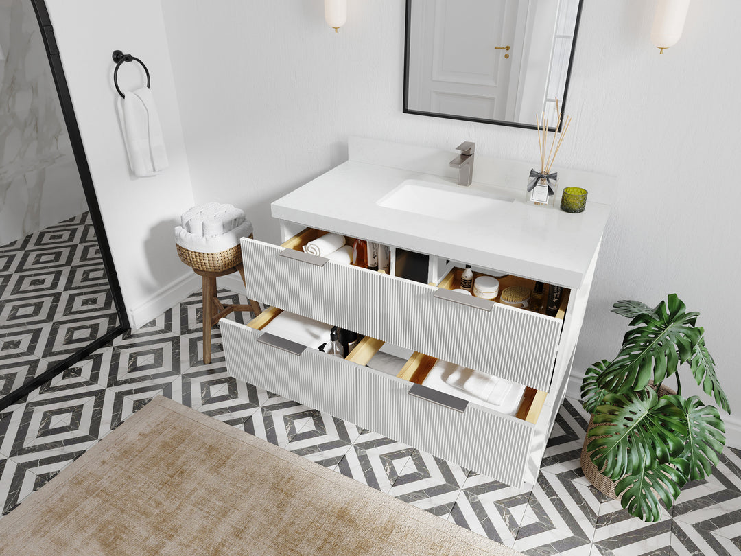 Catalina 42 in. W x 22 in. D Single Sink Bathroom Vanity in White with Countertop - Side View Open Drawer