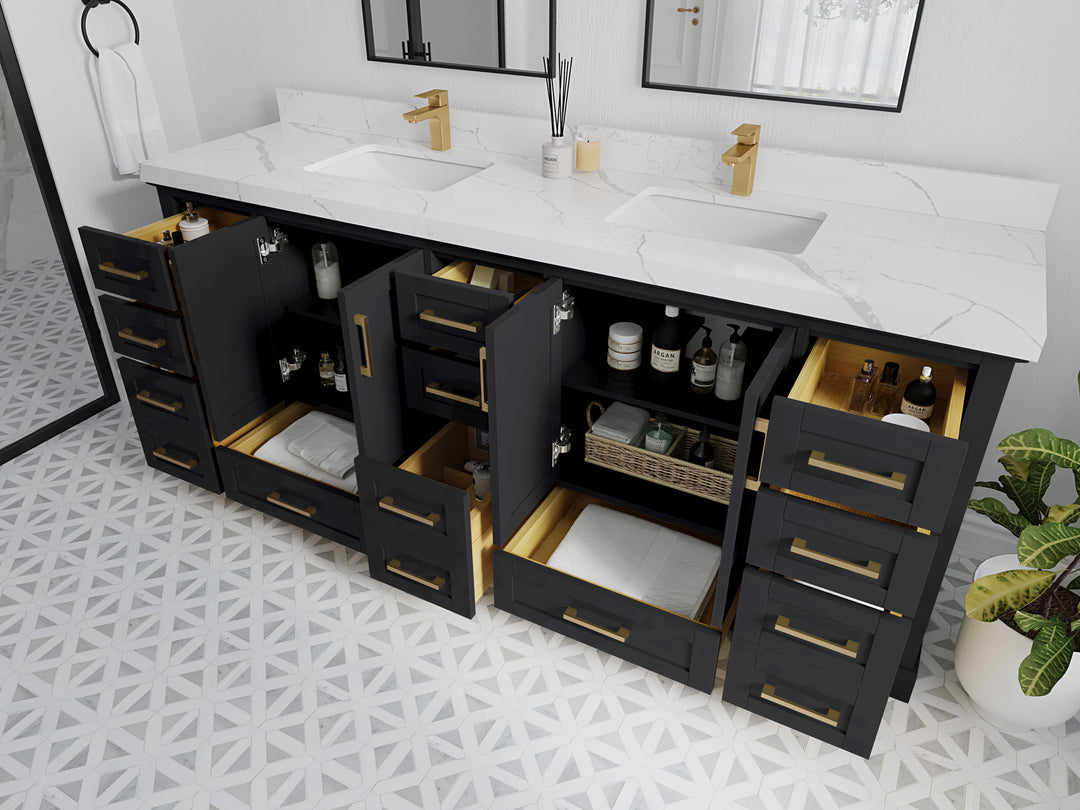 Boston 84 in. W x 22 in. D Double Sink Bathroom Vanity in Wrought Iron with Countertop - Side View Open Drawer