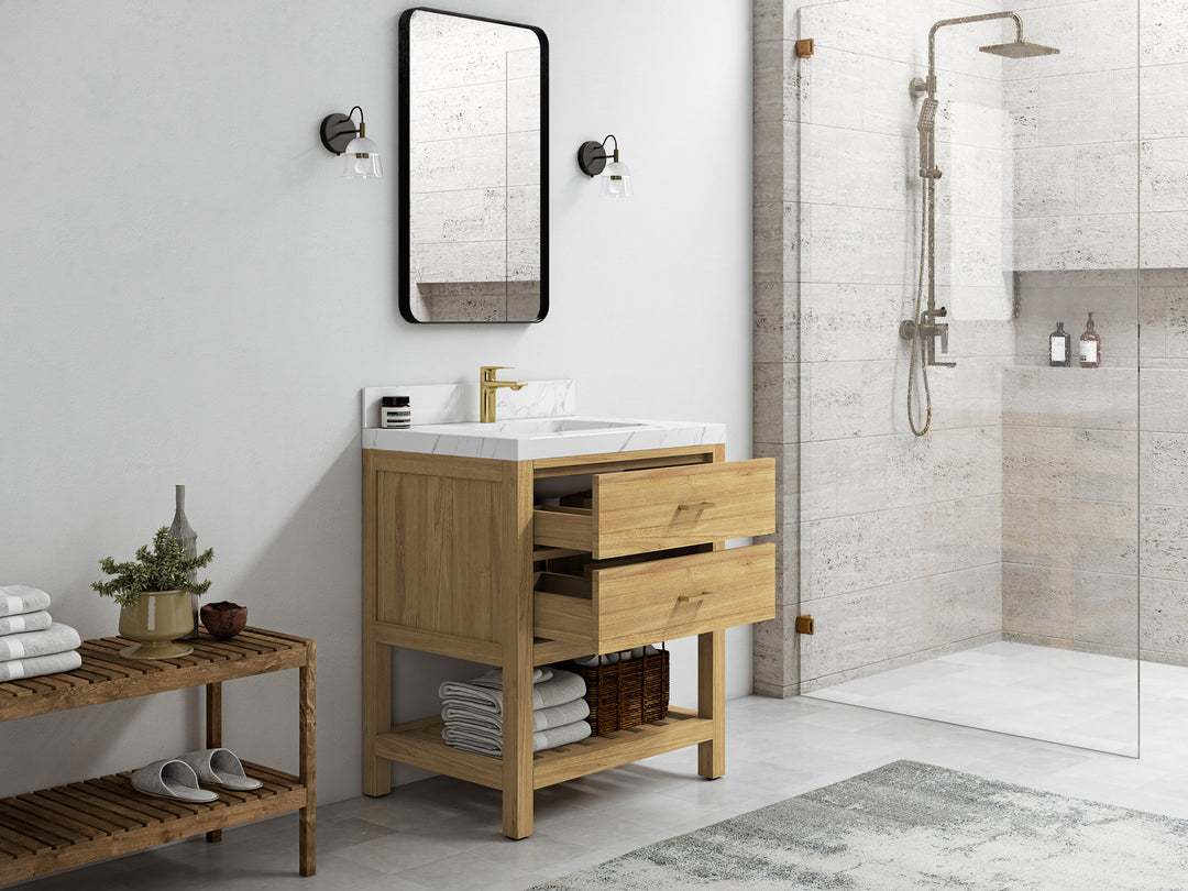Parker Teak  30 in. W x 22 in. D Single Sink Bathroom Vanity in Light Natural  with Countertop - Side view Open drawer 