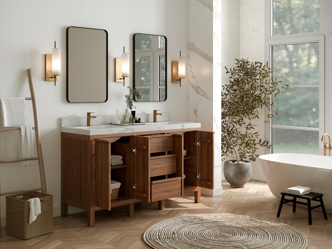Elizabeth Teak 60 in. W x 22 in. D Double Sink Bathroom Vanity in Dark Natural with Countertop - Side View Open Drawer