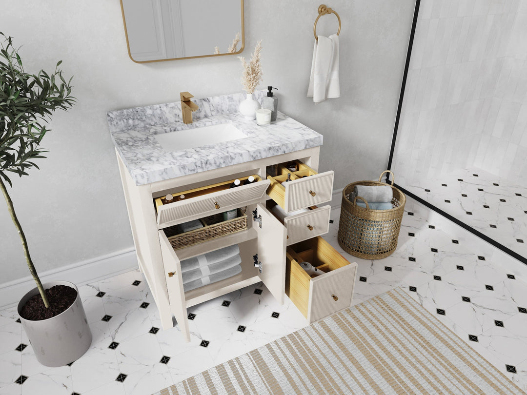 Sonoma 36 in. W x 22 in. D Left Offset Sink Bathroom Vanity in Fine Grain with countertop - Side View Open Drawer