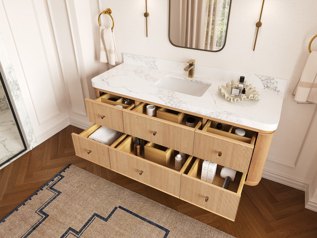 Hampton Floating White Oak 60 in. W x 22 in. D Single Sink Bathroom Vanity with Countertop - Side View Open Drawer