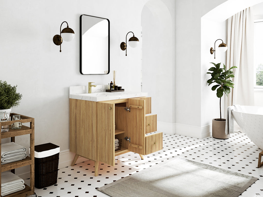 Pasadena Teak Wood 36 in. W x 22 in. D Left Offset Sink Bathroom Vanity