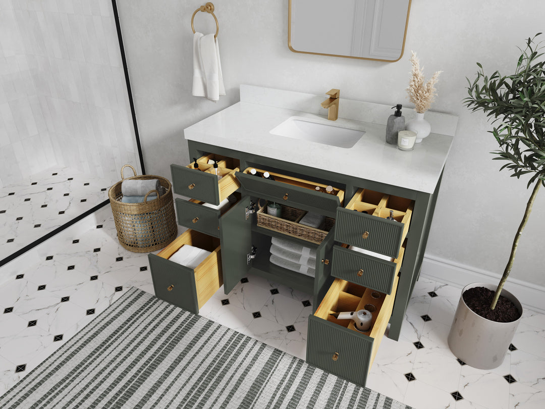 Sonoma 48 in. W x 22 in. D Single Sink Bathroom Vanity in Pewter Green with countertop - Side View Open Drawer