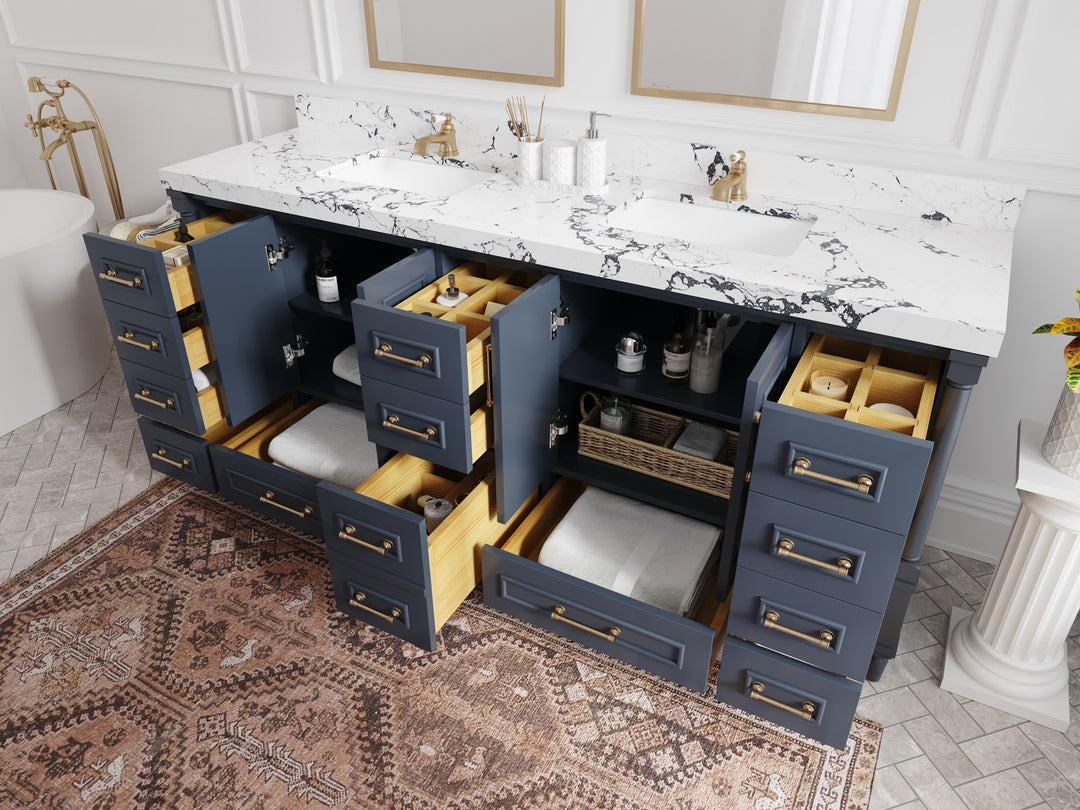 Aberdeen 80 in. W x 22 in. D Double Sink Bathroom Vanity in Hale Navy Blue with countertop - Side View Open Drawer