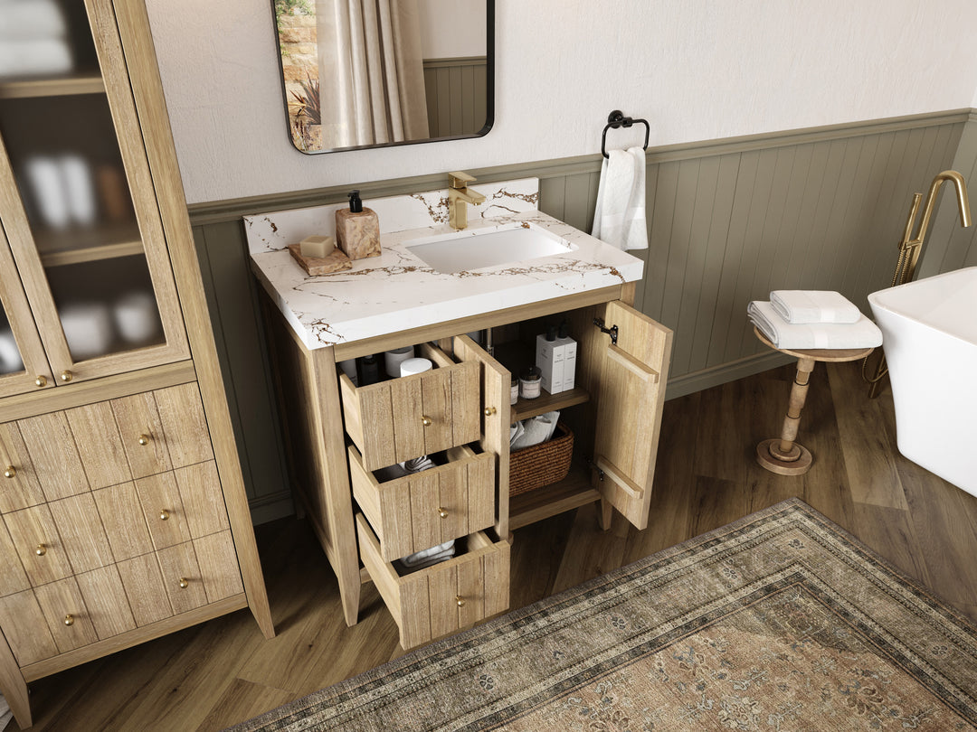 Atlanta Teak Wood 36 in. W x 22 in. D Right Offset Sink Bathroom Vanity