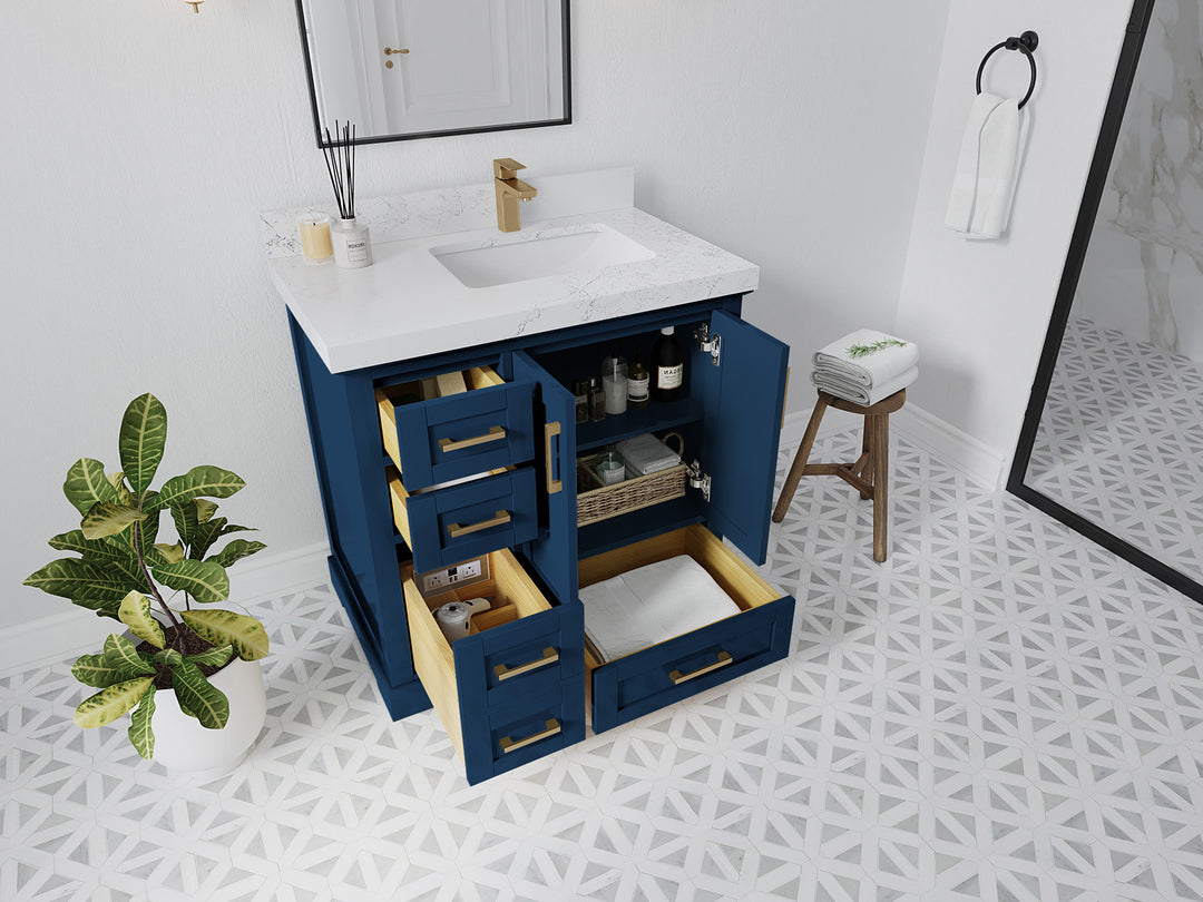 Boston 36 in. W x 22 in. D Single Sink Bathroom Vanity in Navy Blue with Countertop - Side View Open Drawer