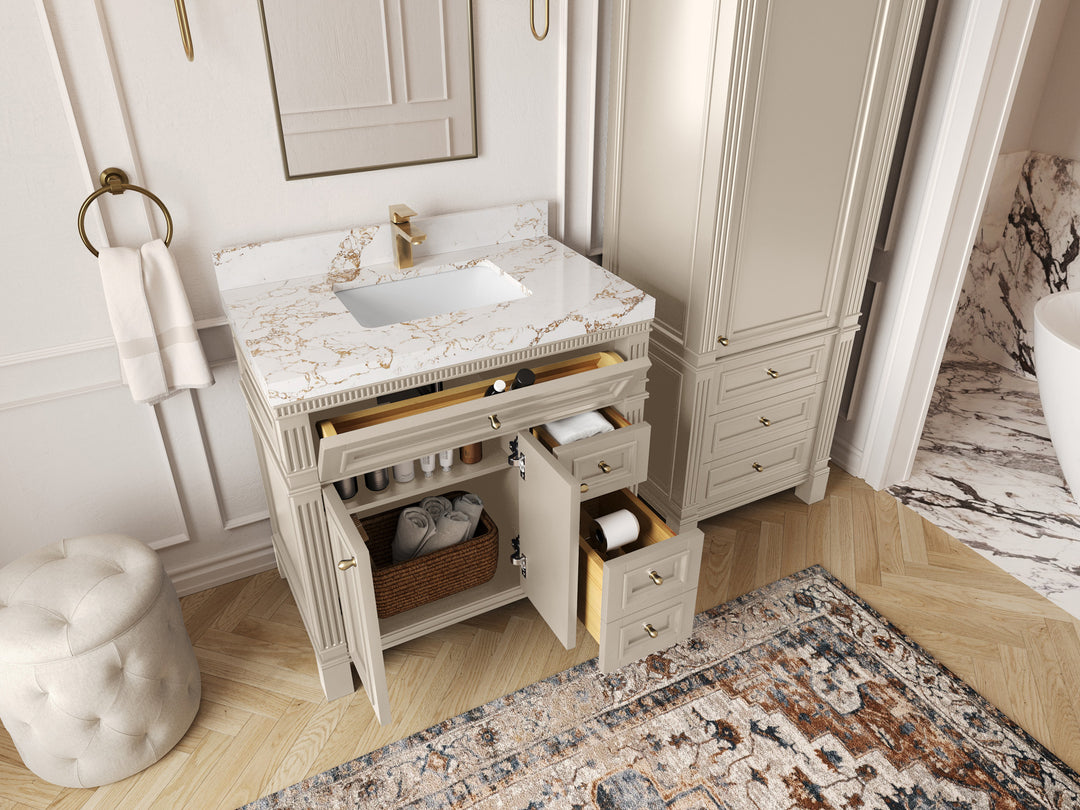 Paris 36 in. W x 22 in. D Center Sink Bathroom Vanity in  Fine Grain with Countertop - Side view Open drawer 