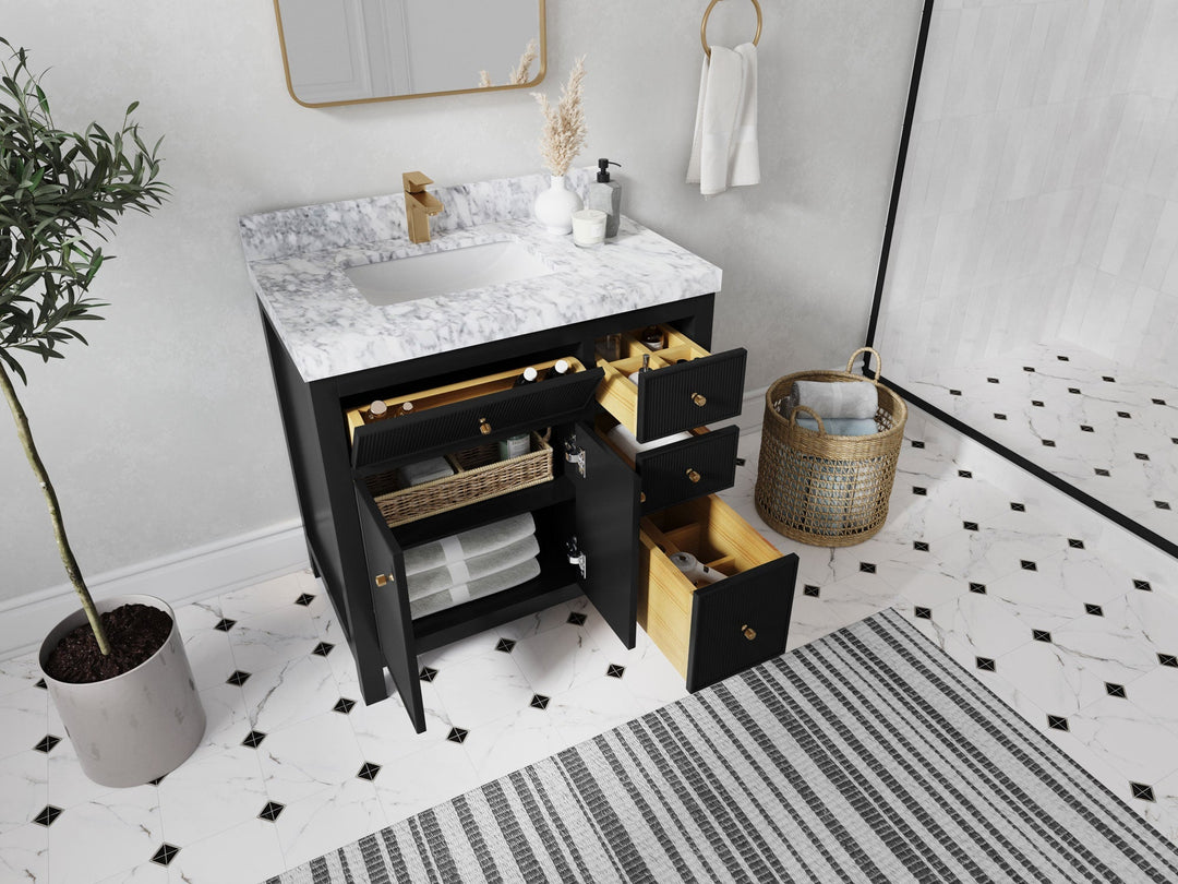 Sonoma 36 in. W x 22 in. D Left Offset Sink Bathroom Vanity in Black with countertop - Side View Open Drawer
