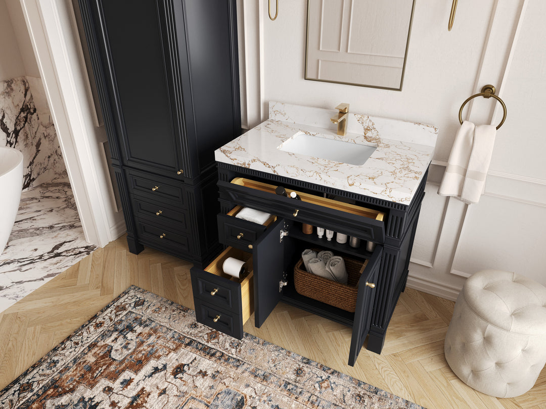 Paris 36 in. W x 22 in. D Center Sink Bathroom Vanity in  Black with Countertop - Side view Open drawer 