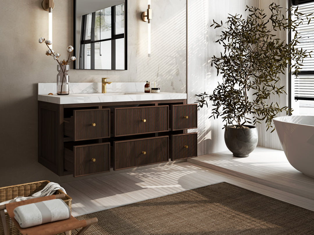 Sonoma Floating Teak 48 in. W x 22 in. D Single Sink Bathroom Vanity in Dark Walnut Finish with countertop - Side View Open