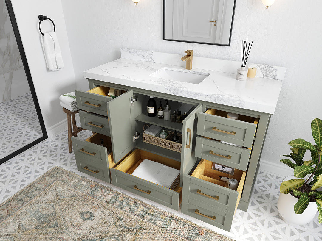 Boston 60 in. W x 22 in. D Single Sink Bathroom Vanity in Evergreen with Countertop - Side View Open Drawer