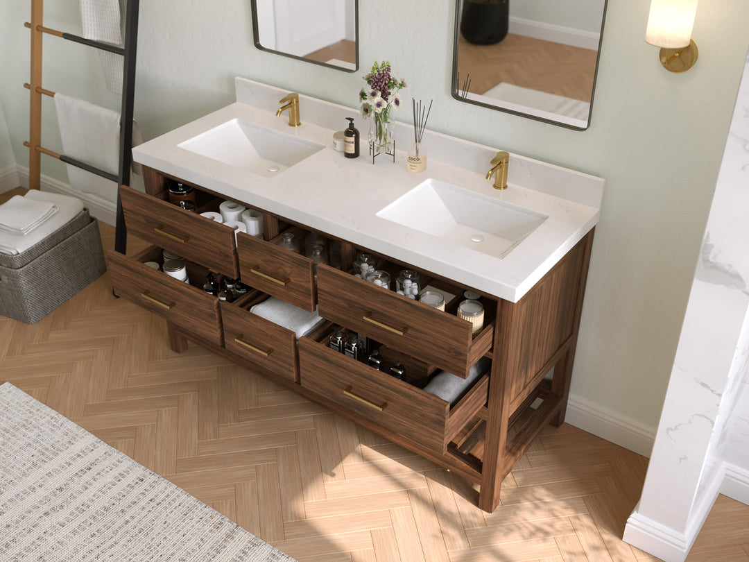 Parker Teak 60 in. W x 22 in. D Double Sink Bathroom Vanity in Dark Walnut with Countertop - Side view Open drawer 