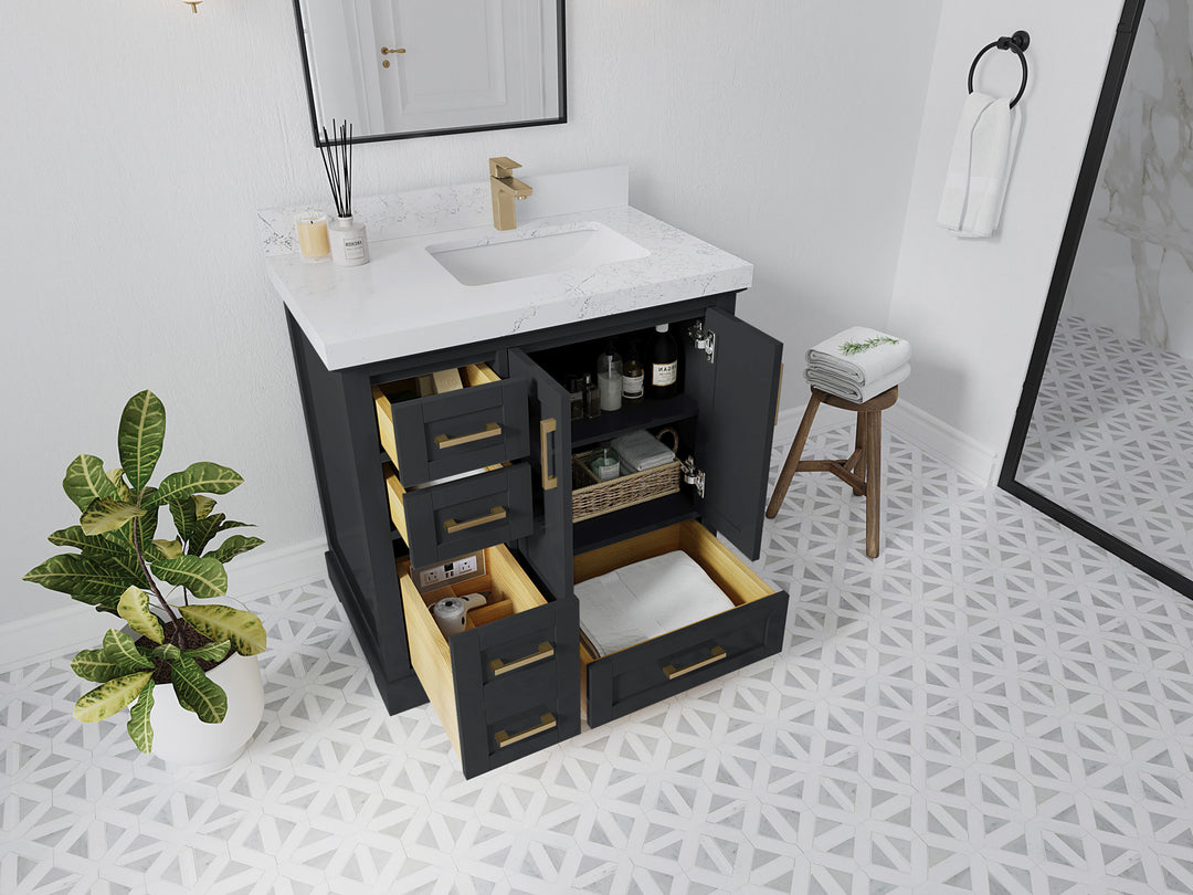 Boston 36 in. W x 22 in. D Single Sink Bathroom Vanity in Wrought Iron with Countertop - Side View Open Drawer
