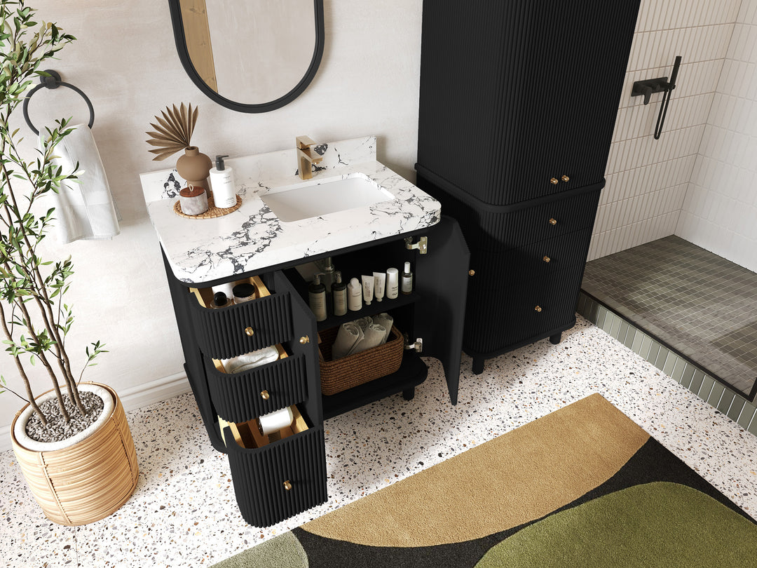 Miami 36 in. W x 22 in. D Right Offset Sink Bathroom Vanity in Black with Countertop - Side View Open Drawer