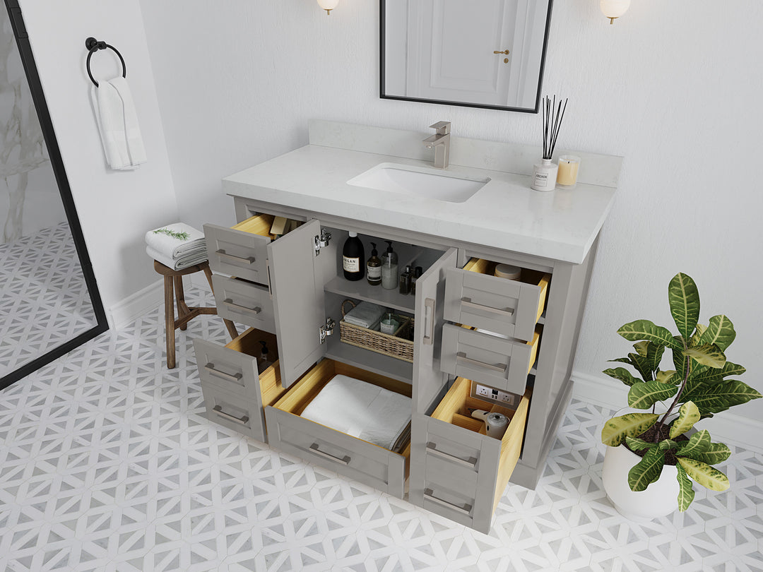 Boston 48 in. W x 22 in. D Single Sink Bathroom Vanity in Fine Grain with Countertop - Side View Open Drawer