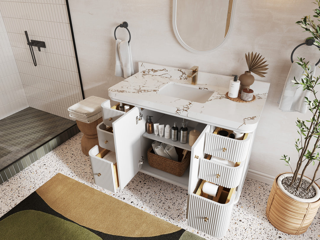 Miami 48 in. W x 22 in. D Single Sink Bathroom Vanity in White with Countertop - Side View Open Drawer