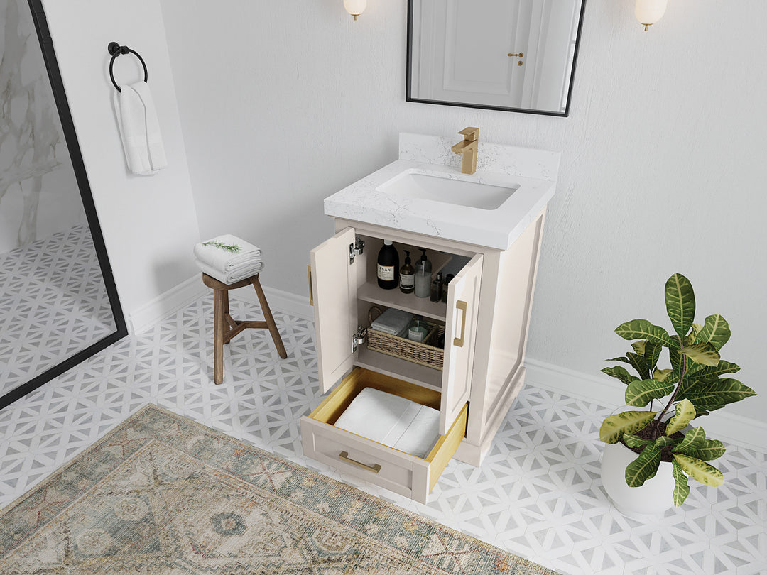 Boston 24 in. W x 22 in. D Single Sink Bathroom Vanity in Fine Grain with Countertop - Side View Open Drawer
