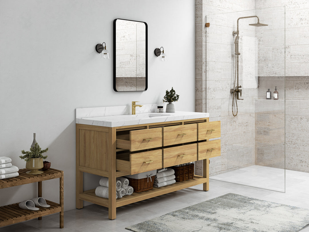 Parker Teak  60 in. W x 22 in. D Single Sink Bathroom Vanity in Light Natural  with Countertop - Side view Open drawer 