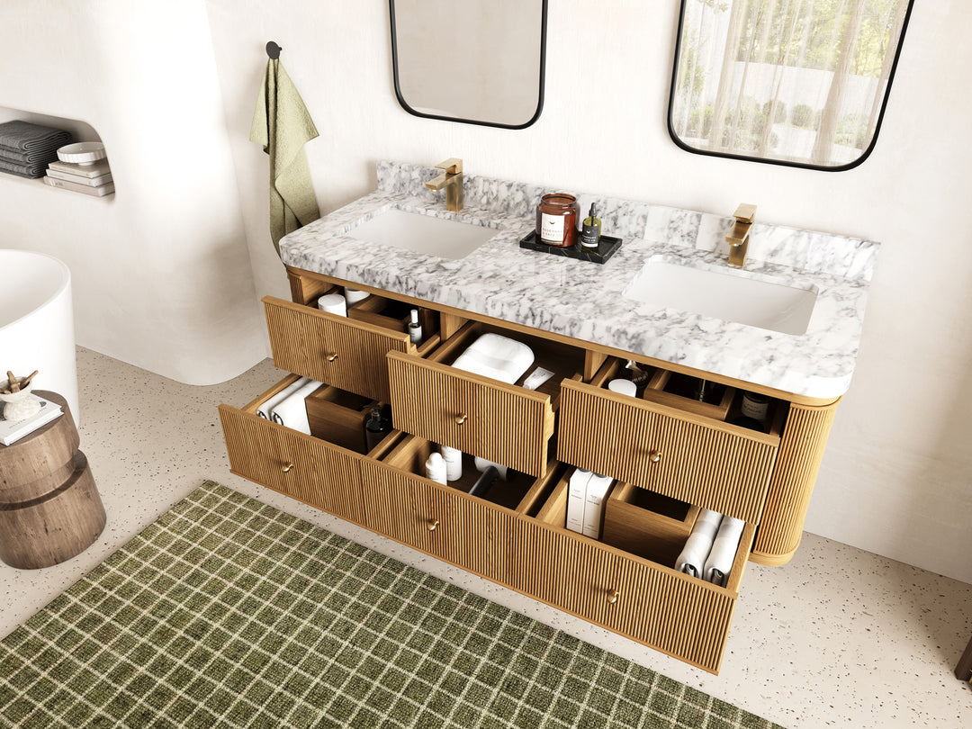 Hampton Floating Teak 60 in. W x 22 in. D Double Sink Bathroom Vanity with Countertop - Side View Open Drawer