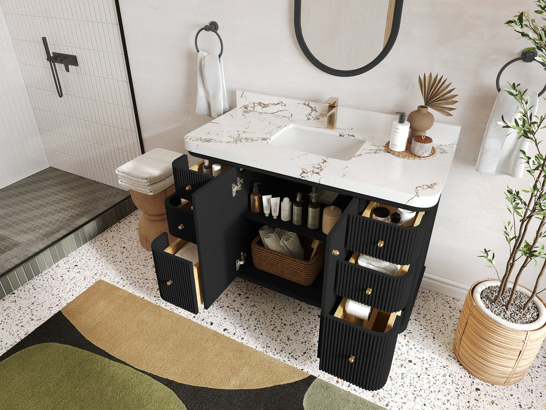 Miami 48 in. W x 22 in. D Single Sink Bathroom Vanity in Black with Countertop - Side View Open Drawer