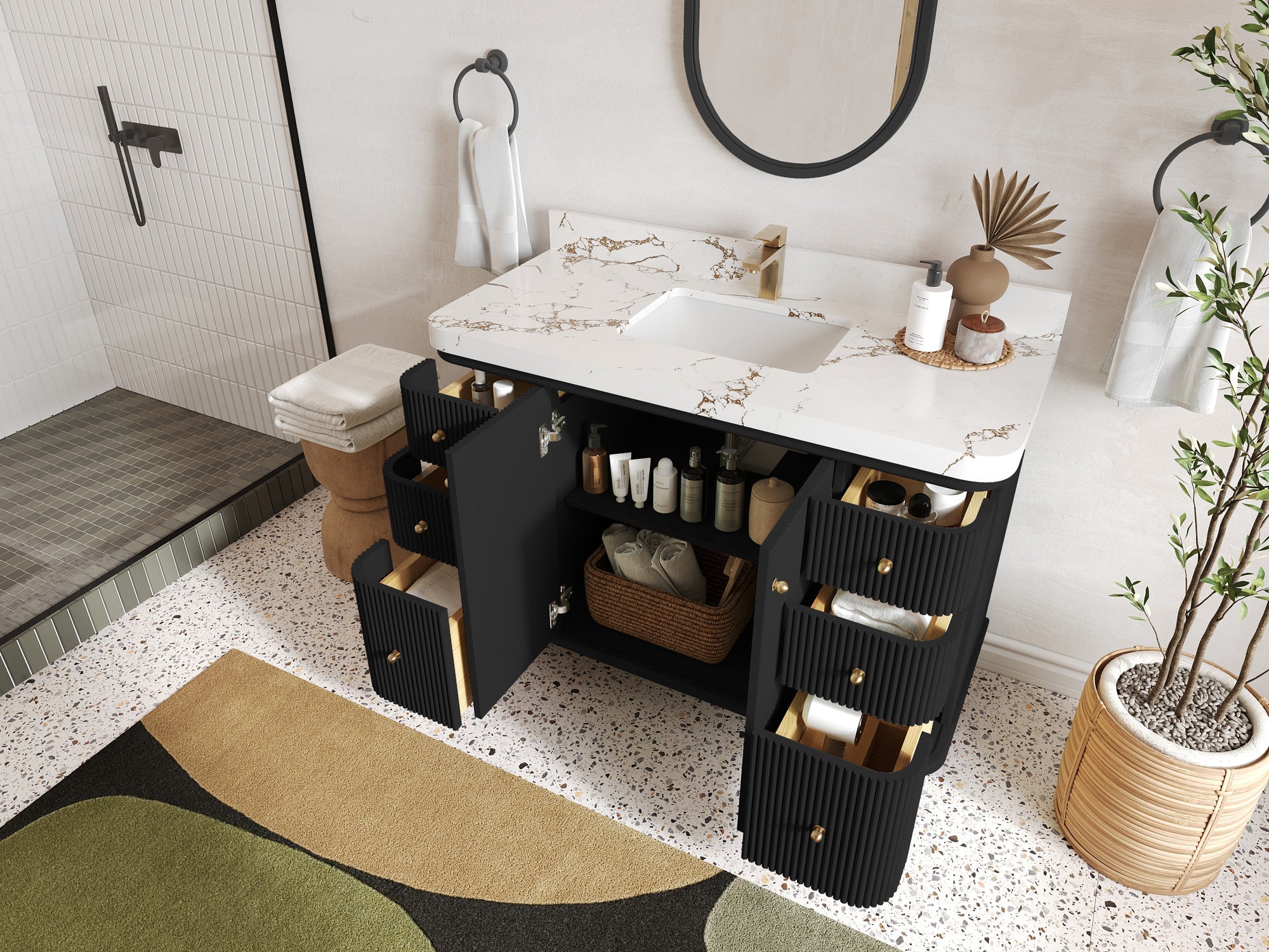 Miami 48 in. W x 22 in. D Single Sink Bathroom Vanity in Black with Countertop - Side View Open Drawer