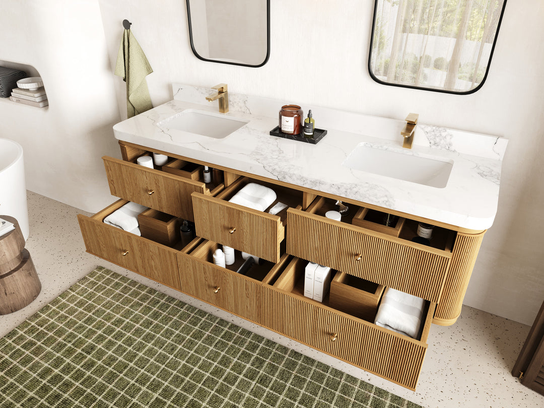 Hampton Floating Teak 72 in. W x 22 in. D Double Sink Bathroom Vanity with Countertop - Side View Open Drawer