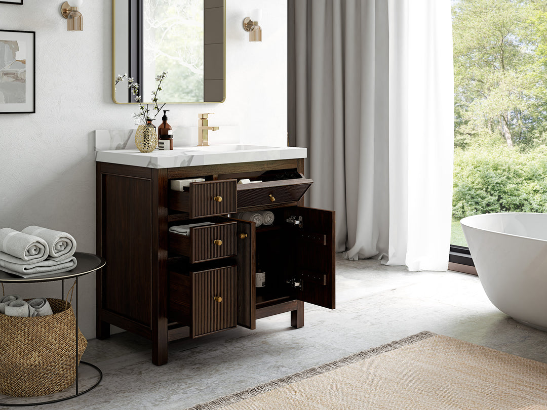 Sonoma Teak Wood 36 in. W x 22 in. D Right Offset Sink Bathroom Vanity