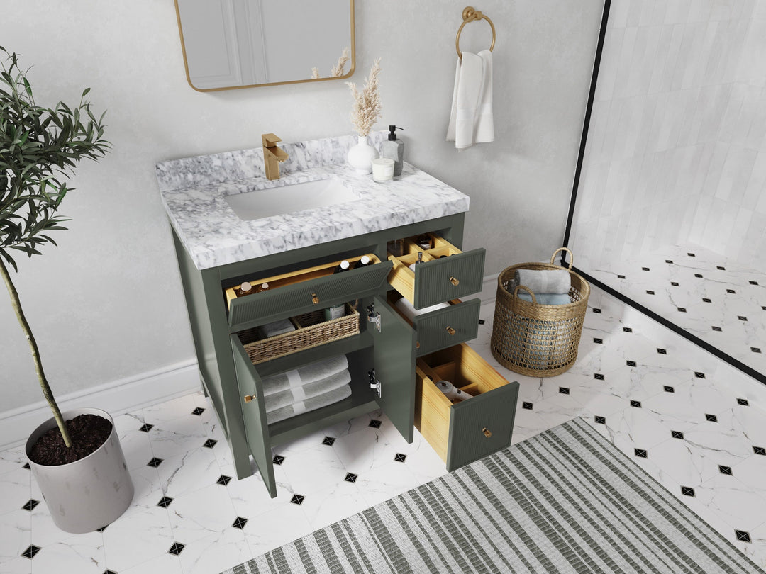 Sonoma 36 in. W x 22 in. D Left Offset Sink Bathroom Vanity in Pewter Green with countertop - Side View Open Drawer