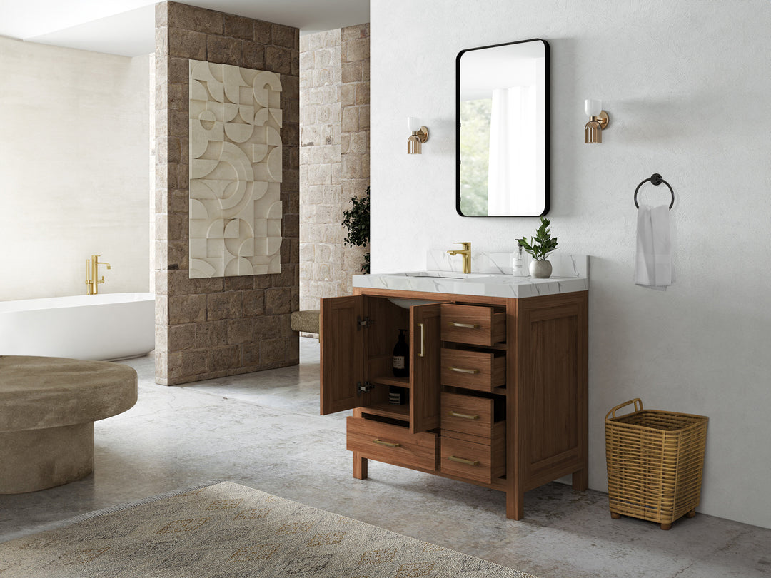 Malibu Teak Wood 36 in. W x 22 in. D Left Offset Sink Bathroom Vanity