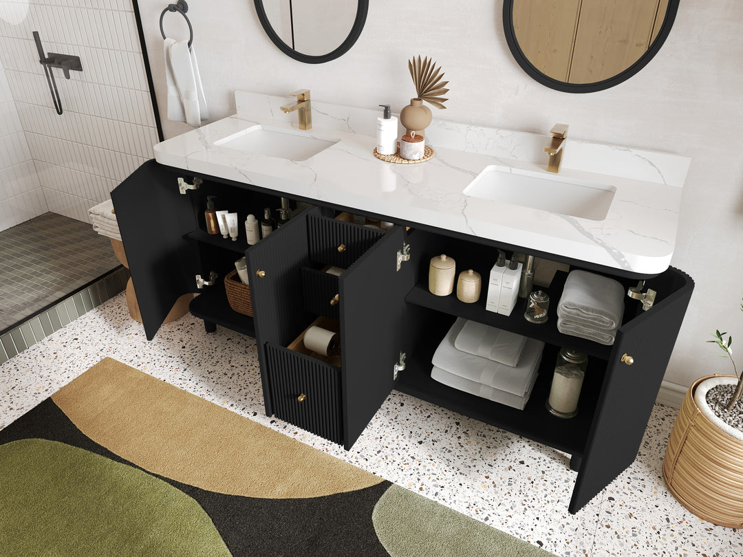 Miami 72 in. W x 22 in. D Double Sink Bathroom Vanity in Black with Countertop - Side View Open Drawer