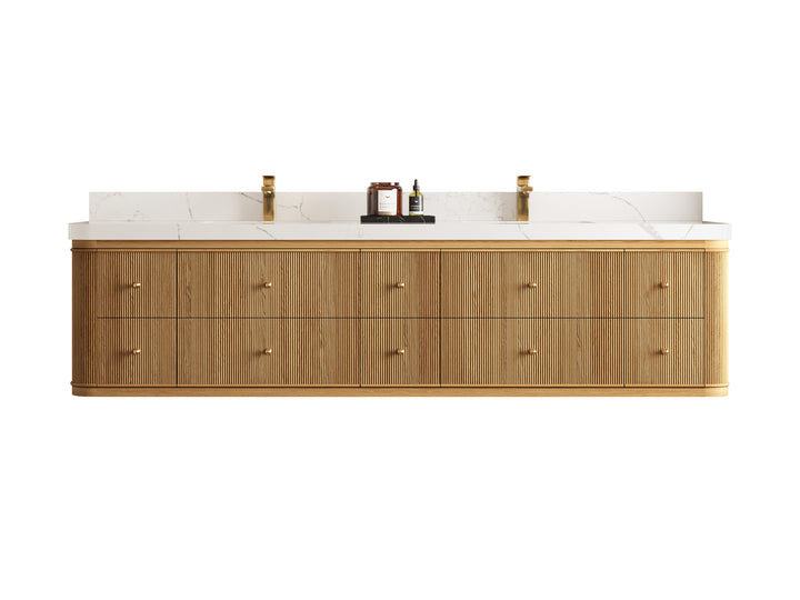 Hampton Floating Teak 84 in. W x 22 in. D Double Sink Bathroom Vanity (Light Natural) - photo 1